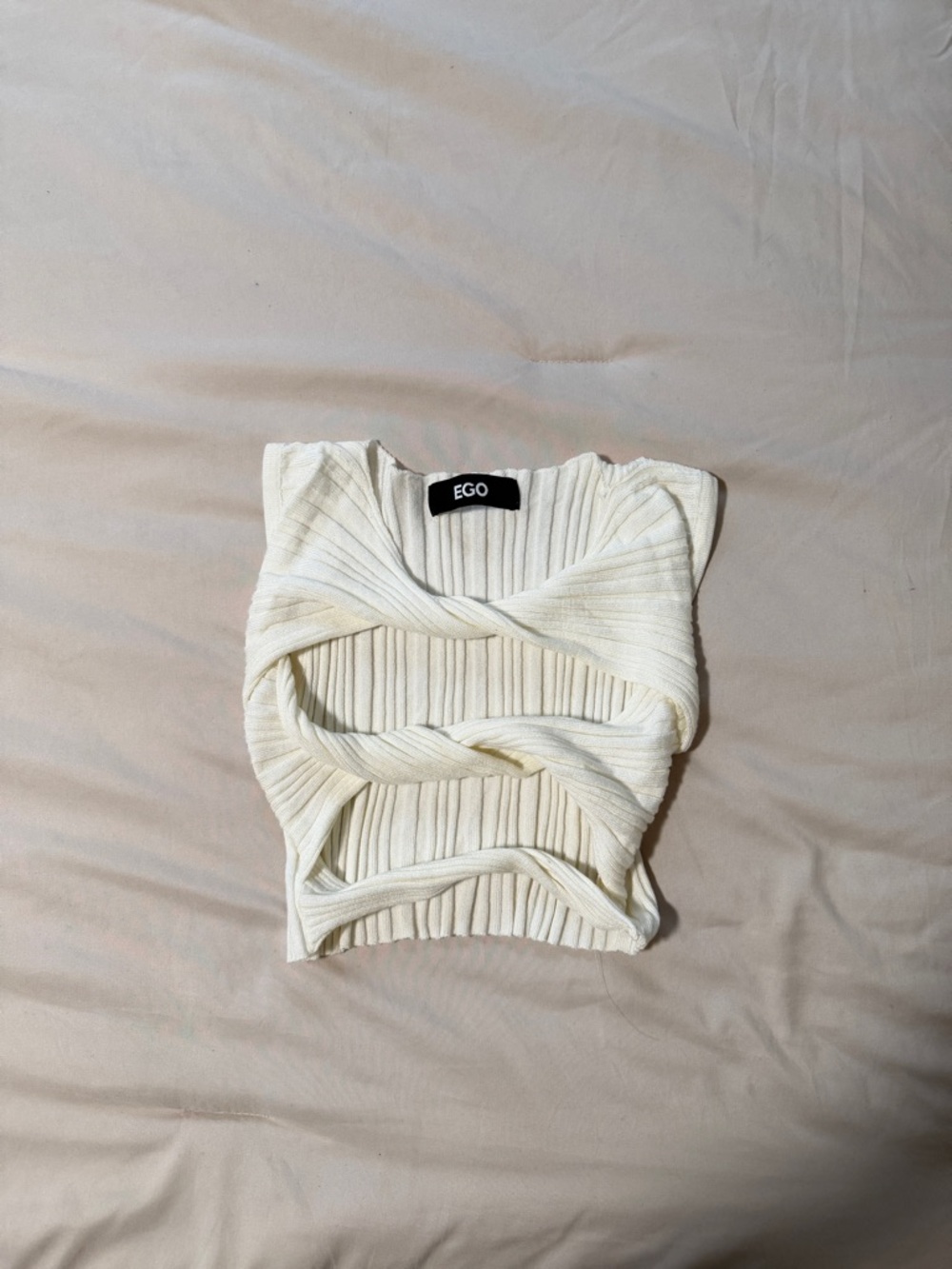 EGO Cream Ribbed Twist-Front Crop Tank
